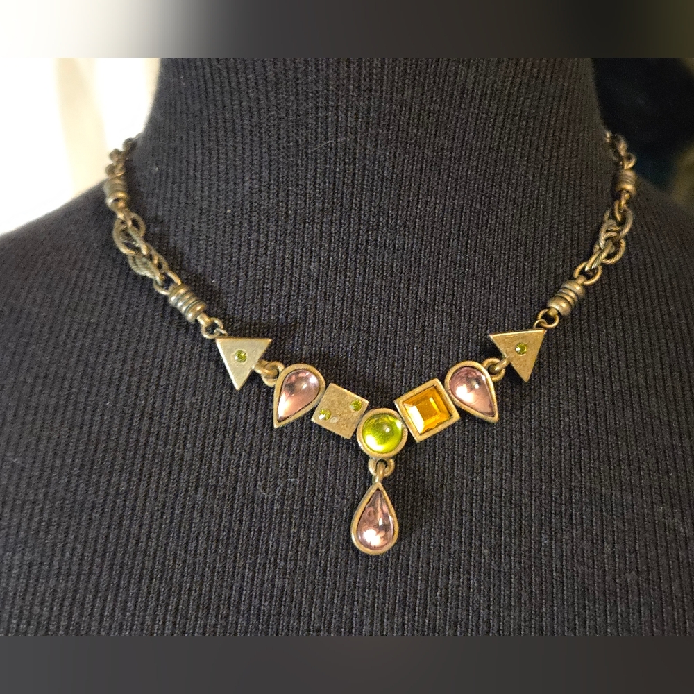 Chicos Geometric Colored Glass Necklace – Brass Tone Artisan Statement